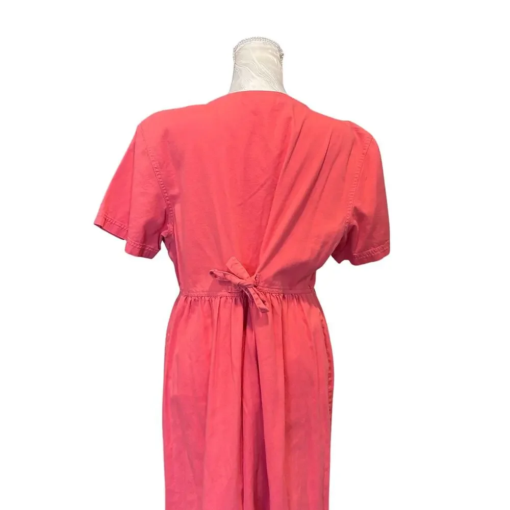 Vintage 90s Coral Cotton Button-Front Empire Waist Midi Dress Cottagecore XL